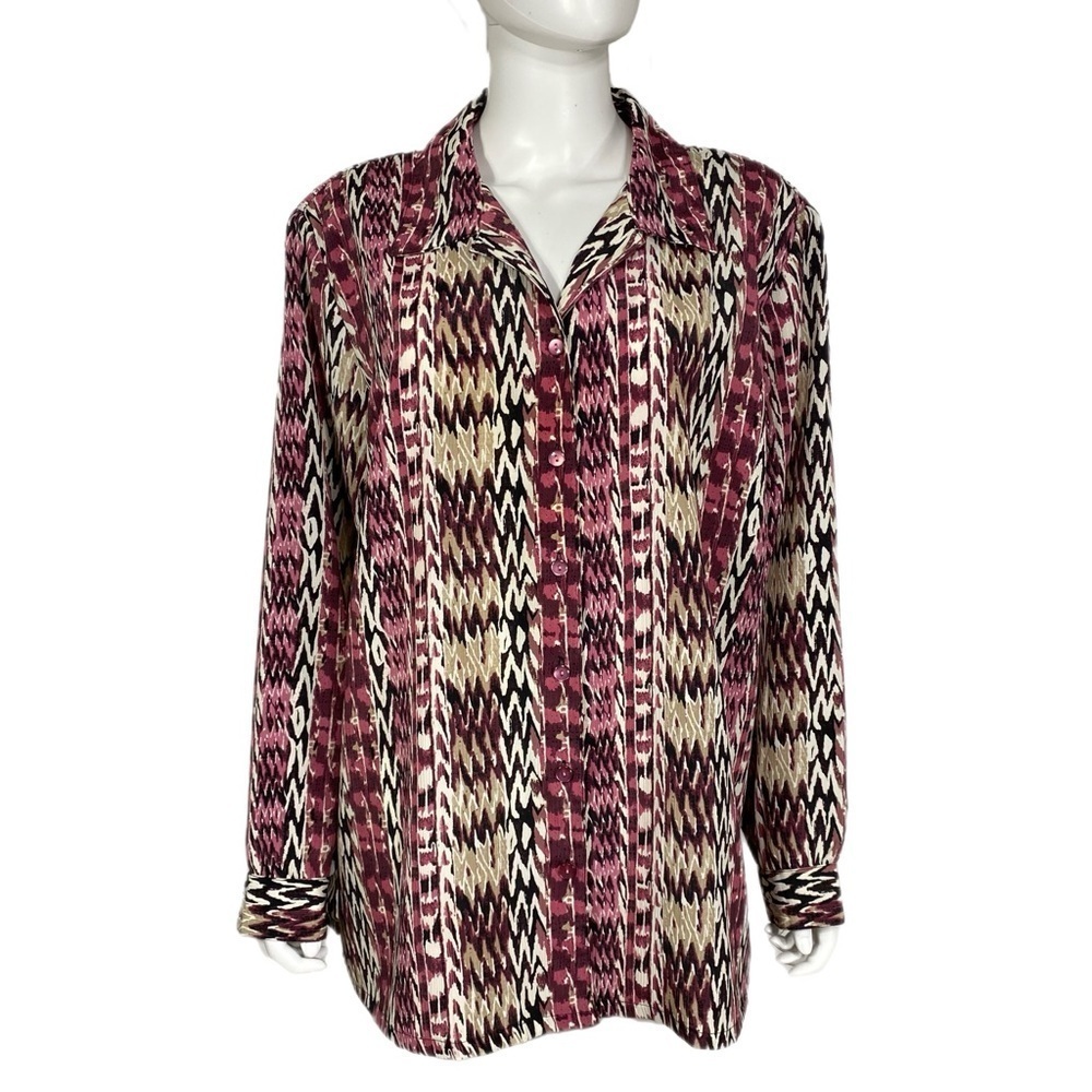 Donnkenny Woman Vintage Mauve Beige Print Long Sleeve Button Up Blouse